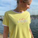 Herzlein ausgefallenes Damenshirt aus Baumwolle Strand und Meer in Pastell Gelb