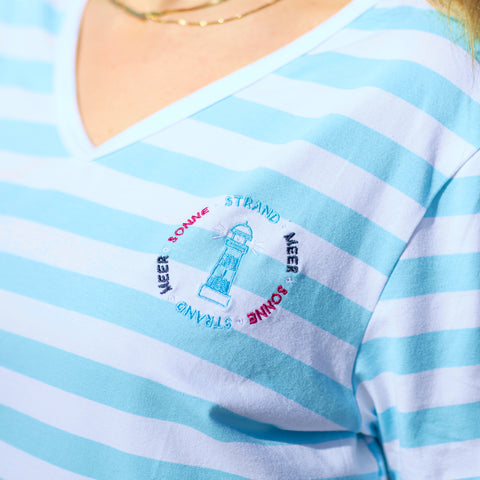 Herzlein T-Shirt aus Baumwolle für Damen mit Leuchtturm Meer Strand gestreift in hellblau weiss 