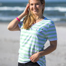 Herzlein T-Shirt aus Baumwolle für Damen mit Leuchtturm Meer Strand gestreift in hellgrün grün und weiss