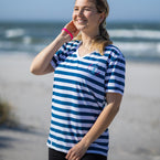 Herzlein T-Shirt aus Baumwolle für Damen mit Leuchtturm Meer Strand gestreift in navy blau weiss
