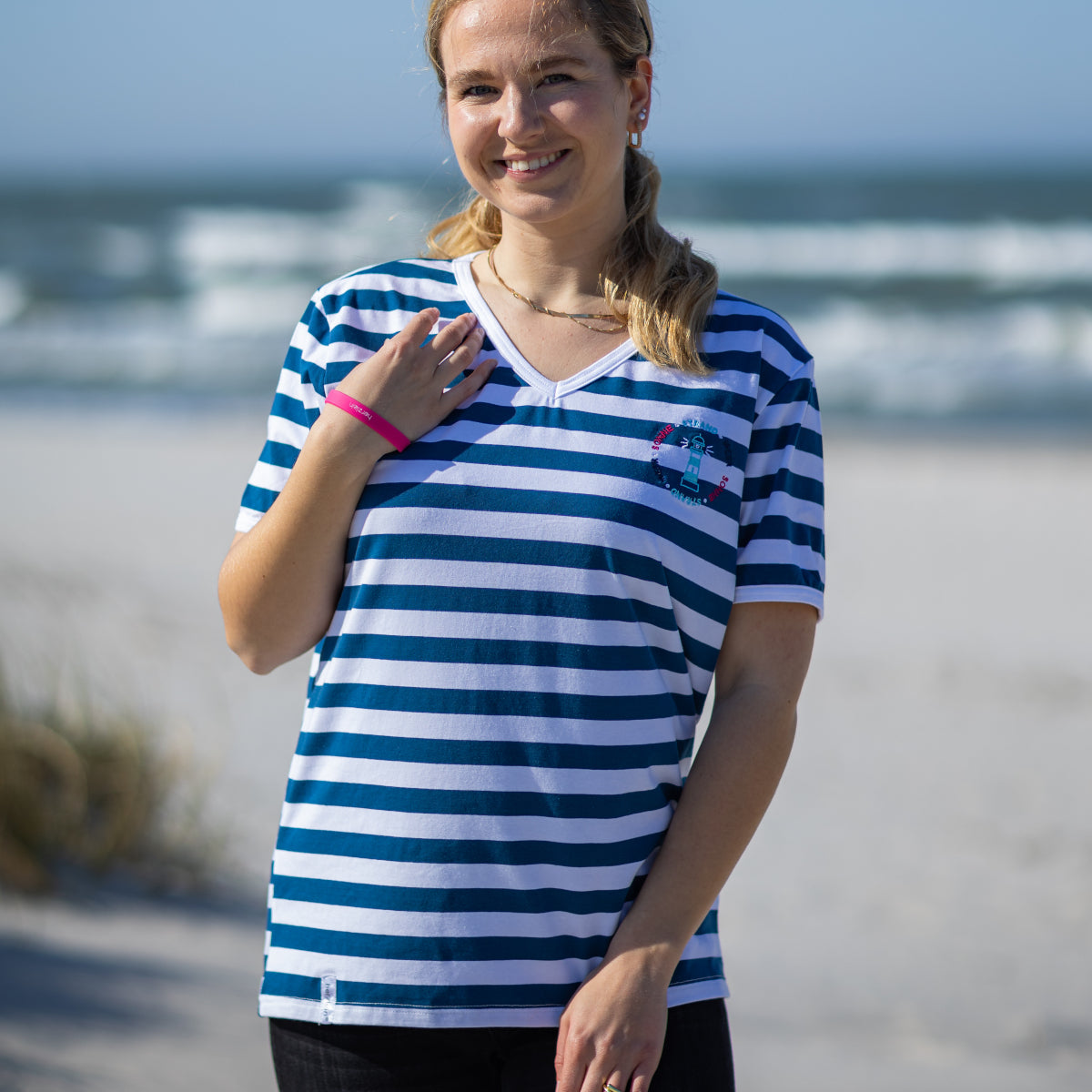 Herzlein® T-Shirt "Leuchtturm" gestreift in Navy blau - Weiß