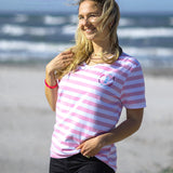 Herzlein T-Shirt aus Baumwolle für Damen mit Leuchtturm Meer Strand gestreift in rosa und weiss
