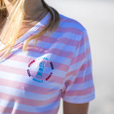 Herzlein T-Shirt aus Baumwolle für Damen mit Leuchtturm Meer Strand gestreift in rosa und weiss