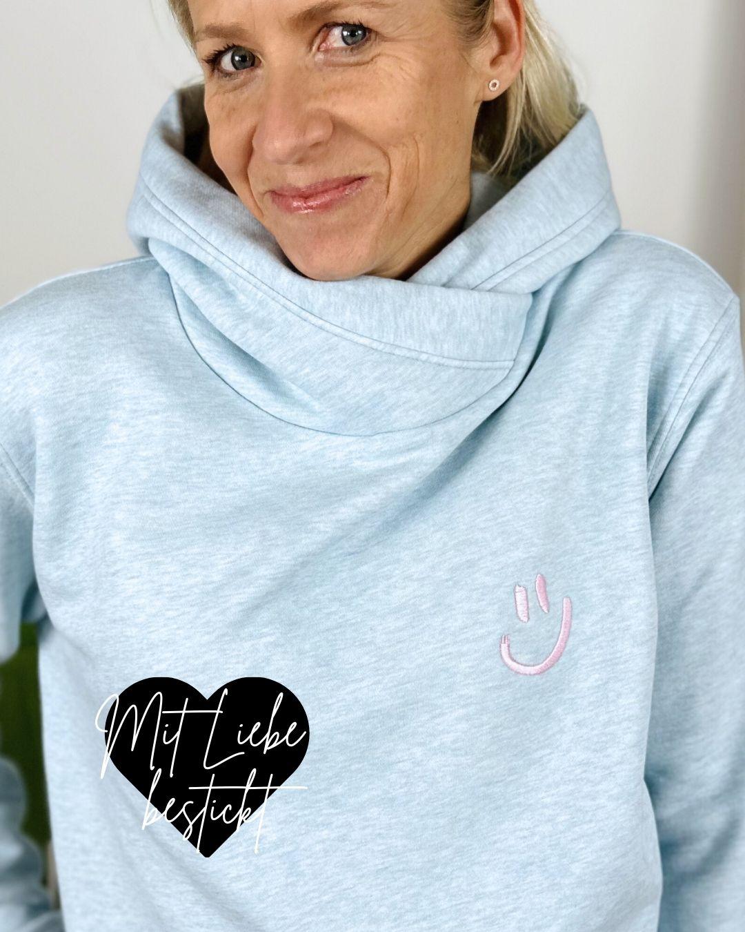 Herzlein® Kuschel Hoodie "Smiley" in meliertem Hellblau