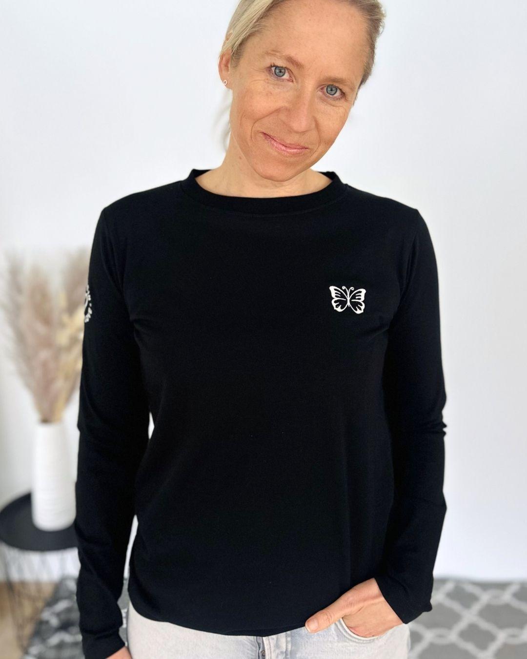 Herzlein® Longsleeve-Shirt mit Schmetterling in Schwarz