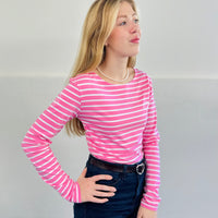 Herzlein® Longsleeve-Shirt gestreift in Rosa - Weiß mit Herzchen