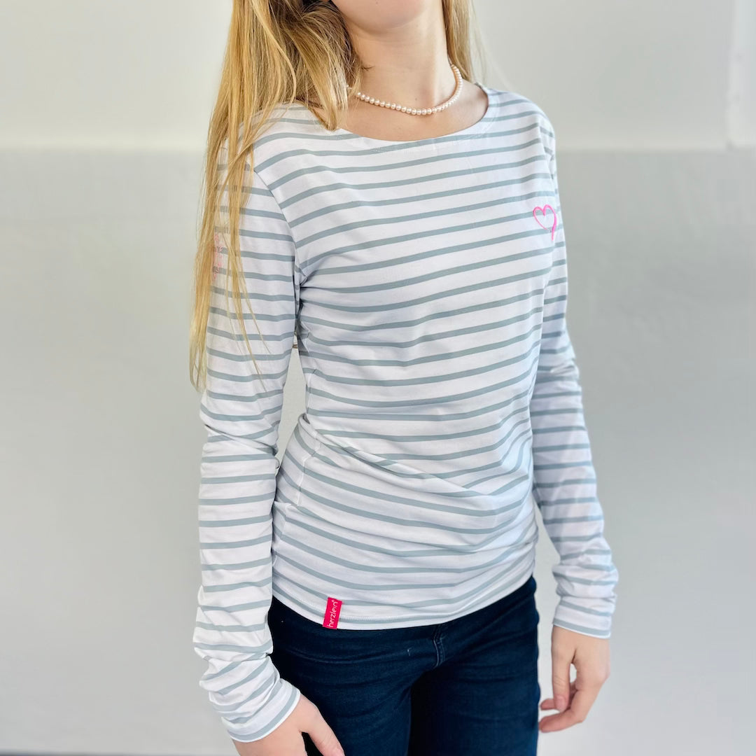 Herzlein® Longsleeve-Shirt gestreift in Weiß - Grau mit Herzchen