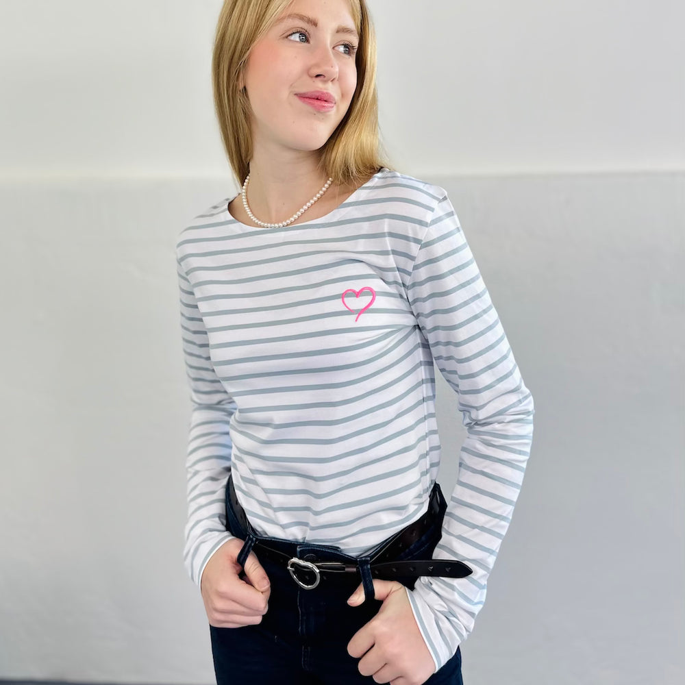 Herzlein® Longsleeve-Shirt gestreift in Weiß - Grau mit Herzchen