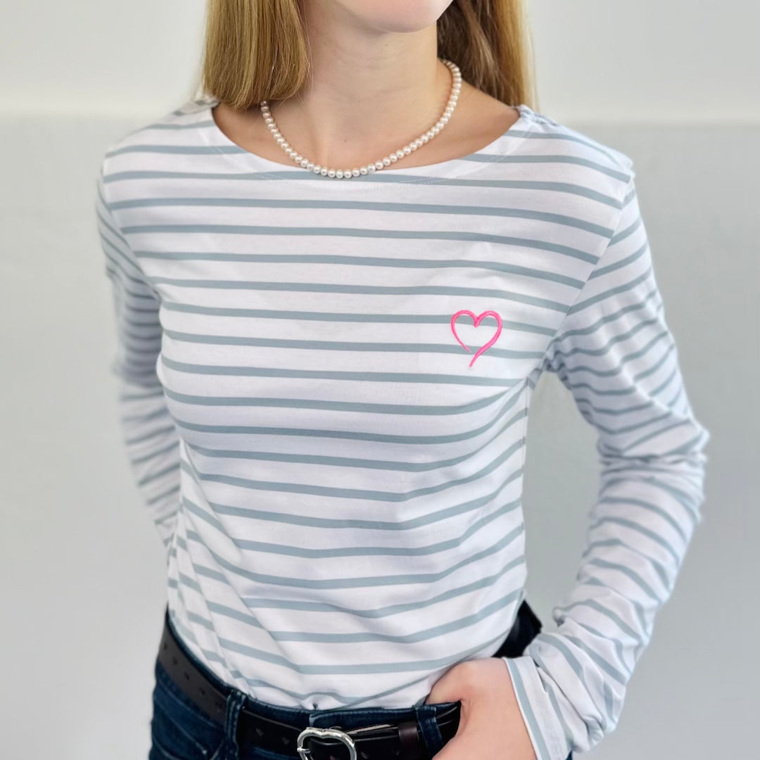 Herzlein® Longsleeve-Shirt gestreift in Weiß - Grau mit Herzchen