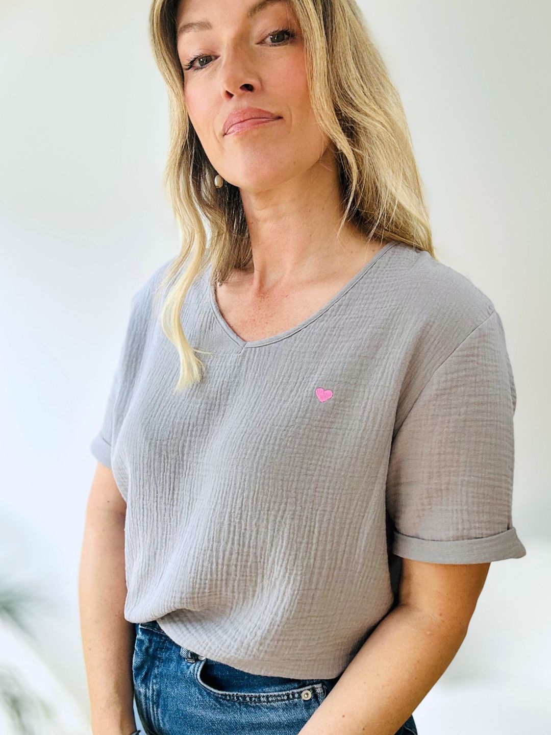 Herzlein® Musselin Shirt mit "Herzchen-Stick" in Grau