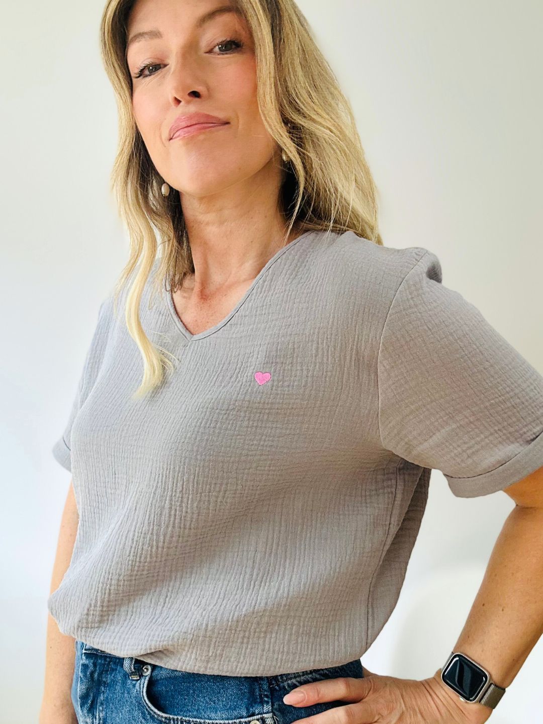 Herzlein® Musselin Shirt mit "Herzchen-Stick" in Grau