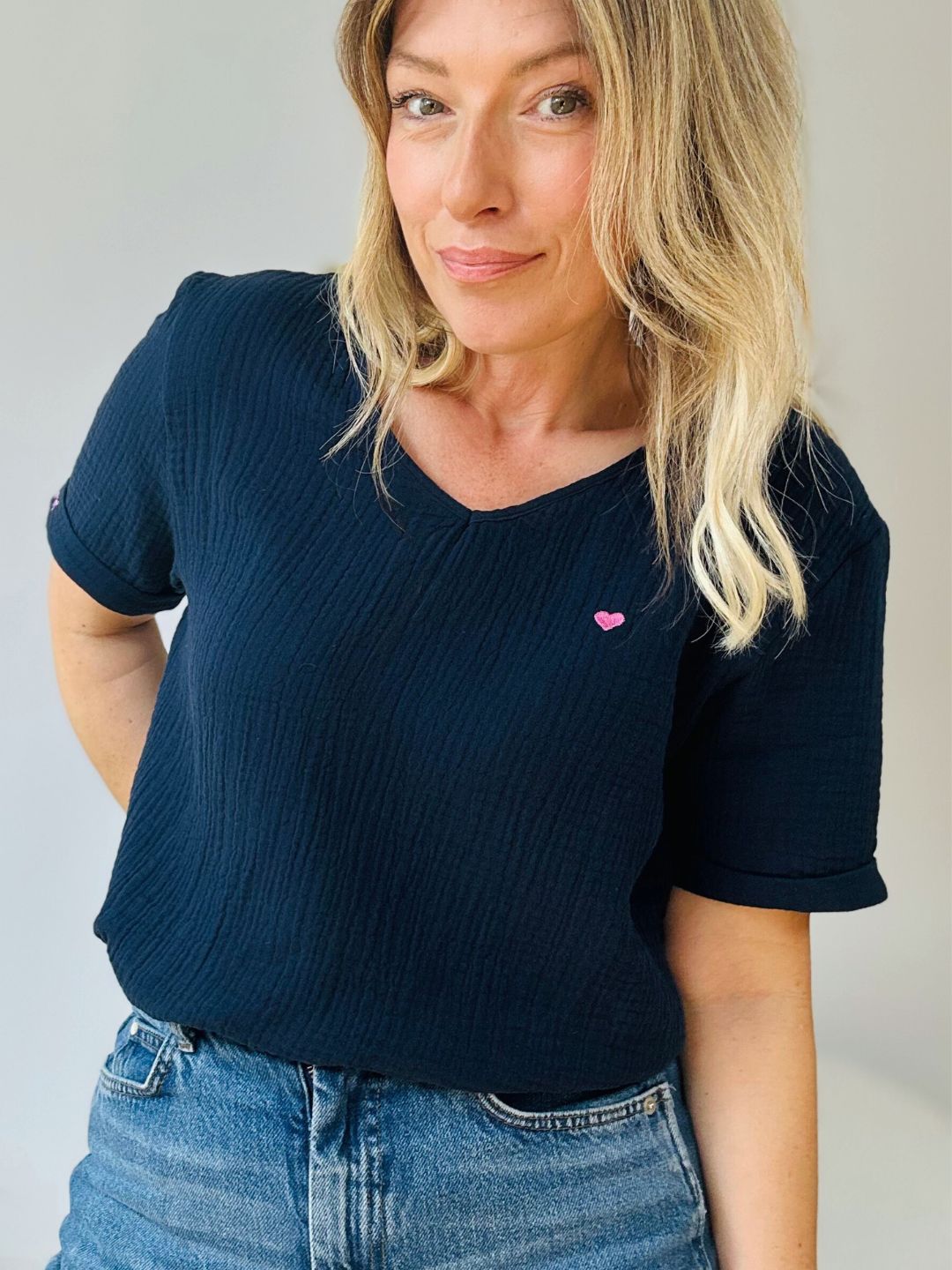 Herzlein® Musselin Shirt mit "Herzchen-Stick" in Navy Blau