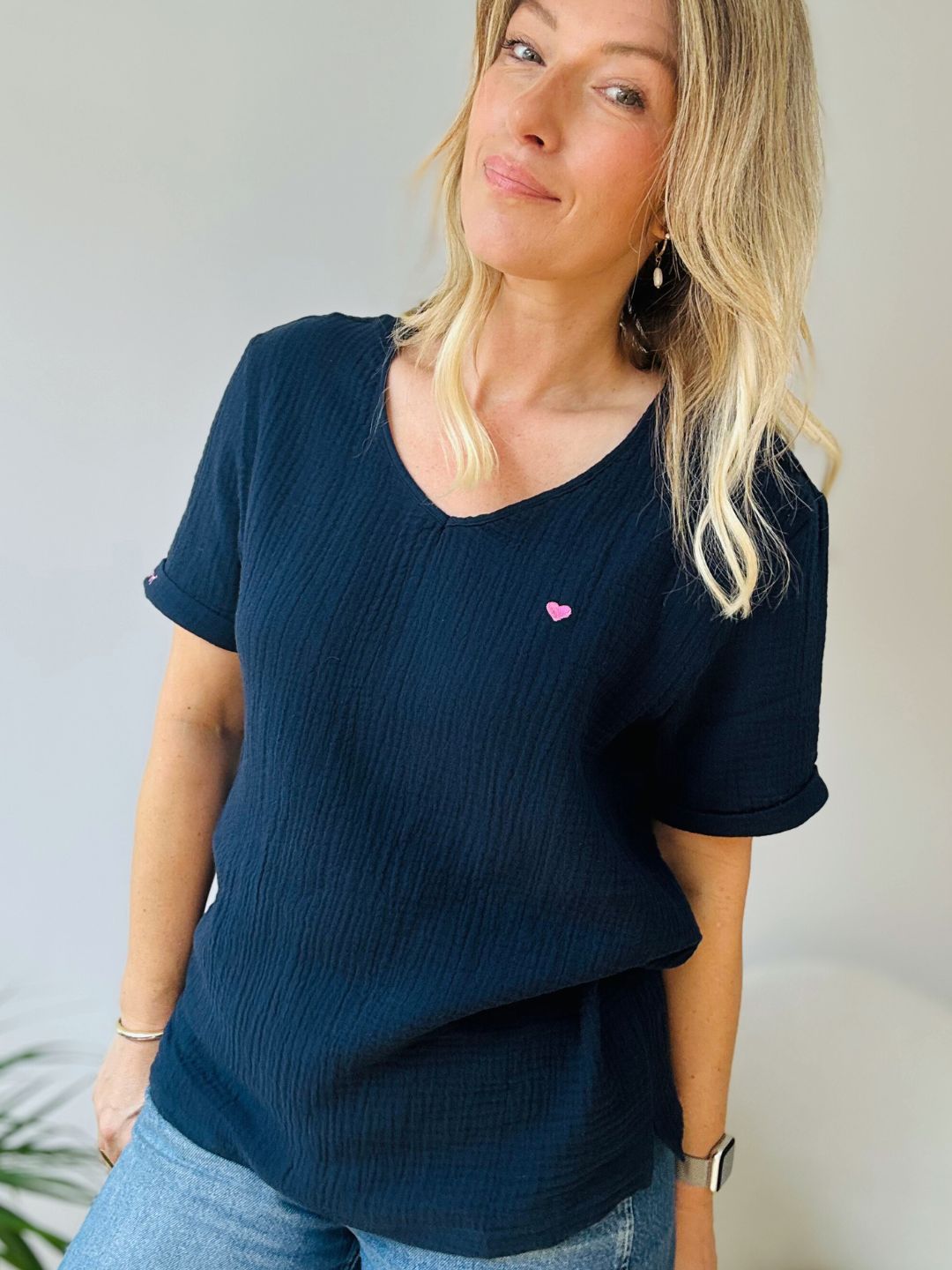 Herzlein® Musselin Shirt mit "Herzchen-Stick" in Navy Blau