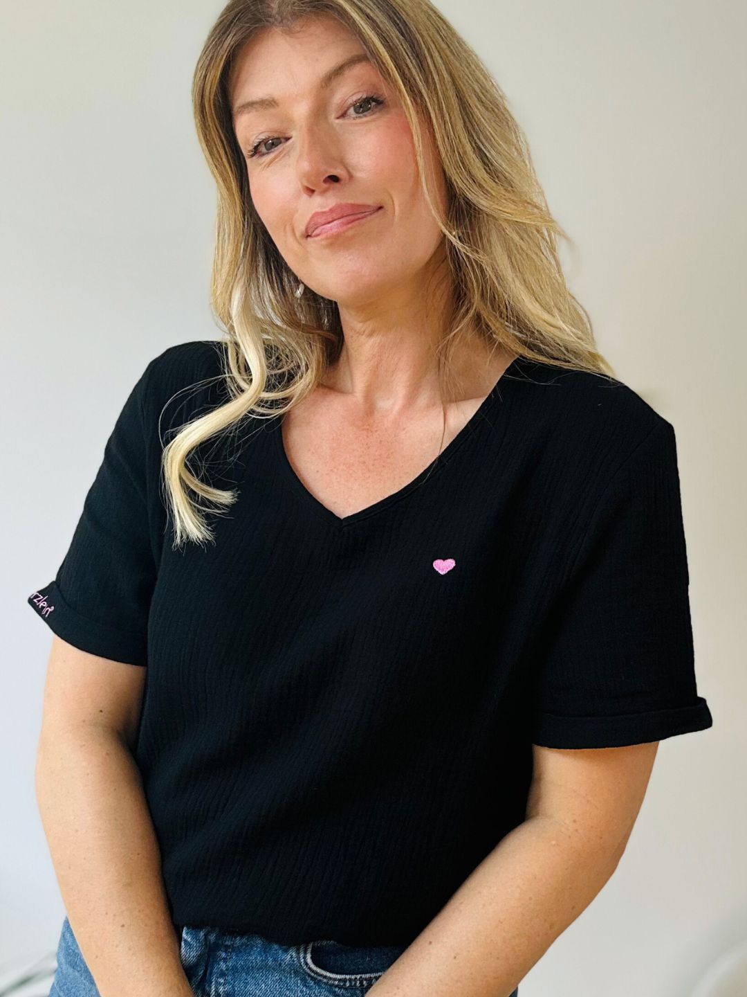 Herzlein® Musselin Shirt mit "Herzchen-Stick" in Schwarz