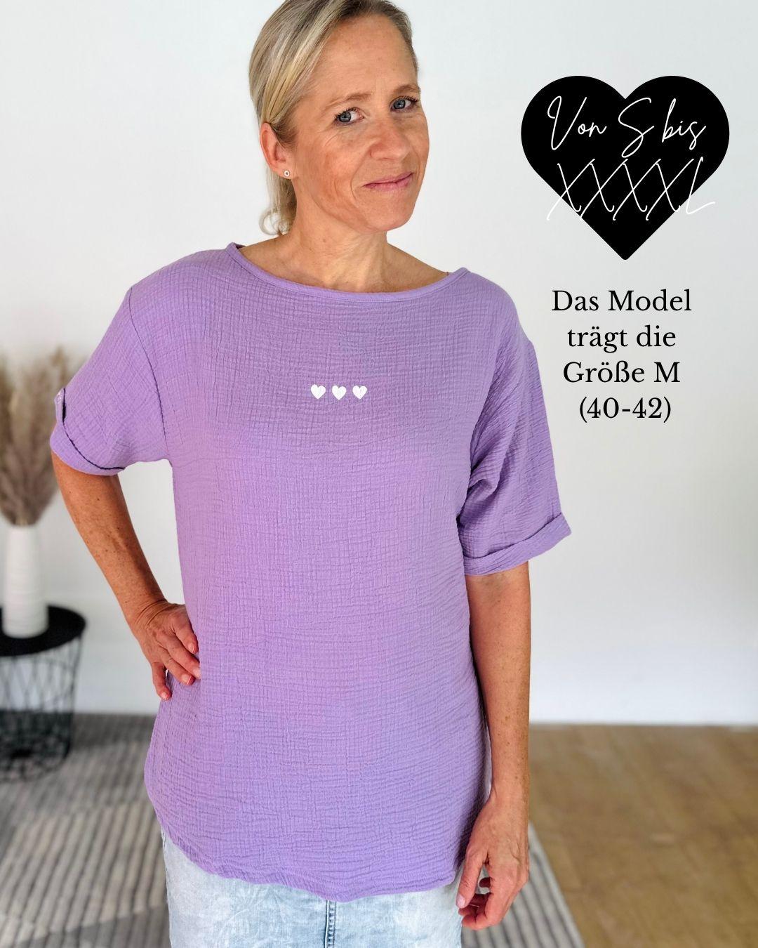 Herzlein® Musselin Tunika Shirt "3 Herzchen" in Lavendel