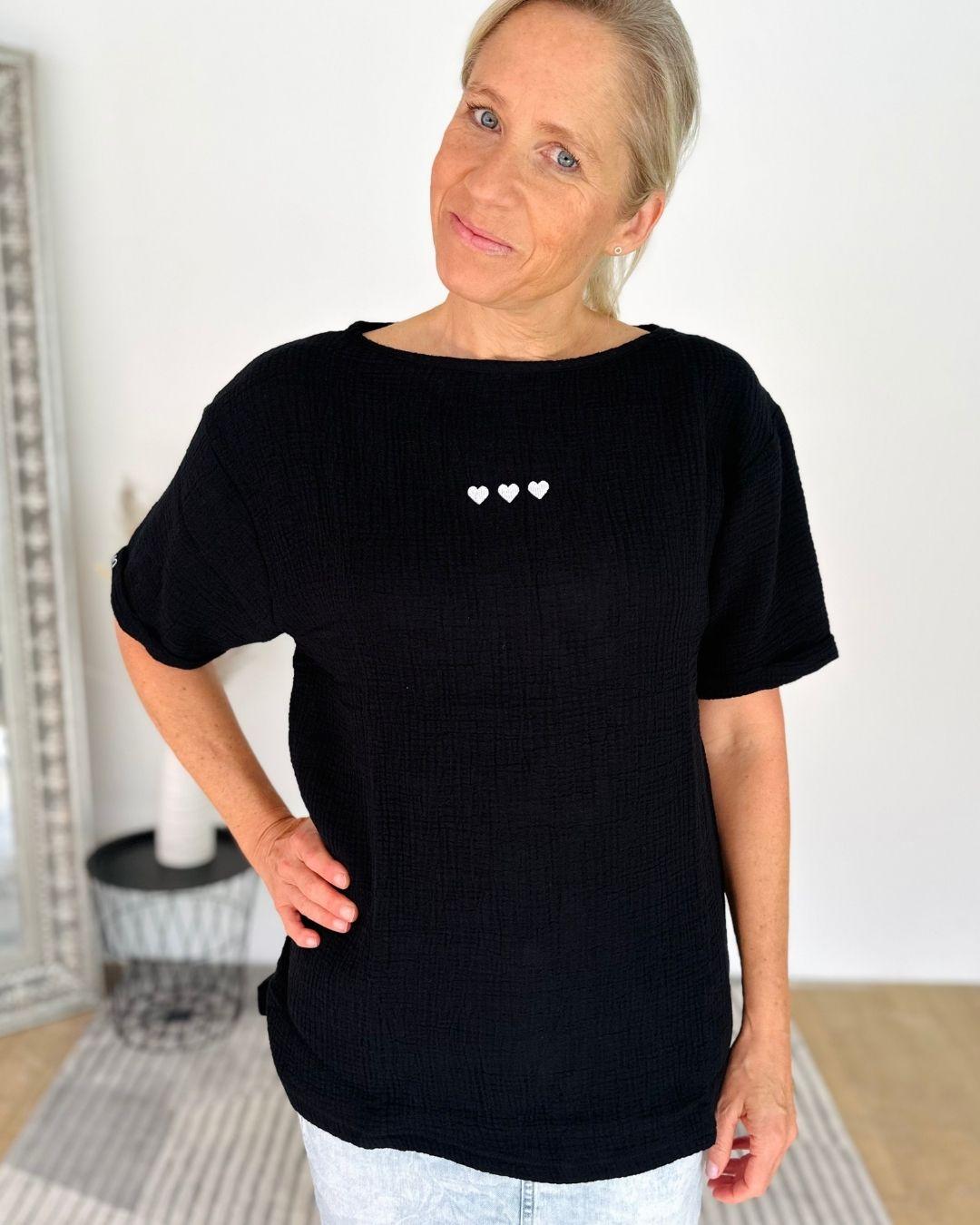 Herzlein® Musselin Tunika Shirt "3 Herzchen" in Schwarz