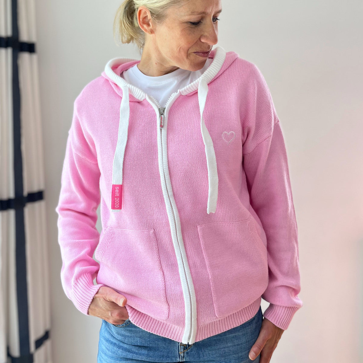 Herzlein Strickjacke aus Baumwolle Hoodie mit Reissverschluss Kapuzenpullover in Rosa