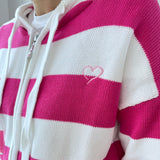 Herzlein Strickjacke aus Baumwolle Hoodie mit Reissverschluss mit Streifen gestreifter Kapuzenpullover in Pink und Weiss