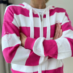 Herzlein Strickjacke aus Baumwolle Hoodie mit Reissverschluss mit Streifen gestreifter Kapuzenpullover in Pink und Weiss