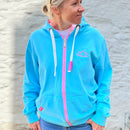 Herzlein Sweatjacke mit Kapuze und Reißverschluss aus Baumwolle Hoodie Kapuzenpullover für Damen Damenhoodie Berge Alpen in Blau Himmelblau