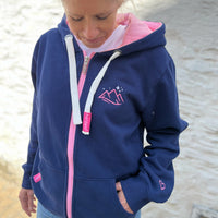 Herzlein Sweatjacke mit Kapuze und Reißverschluss aus Baumwolle Hoodie Kapuzenpullover für Damen Damenhoodie Berge Alpen in Navy Blau