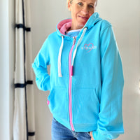 Herzlein Sweatjacke mit Kapuze und Reißverschluss aus Baumwolle Hoodie Kapuzenpullover für Damen Damenhoodie Strand Meer in Hellblau Blau Türkis