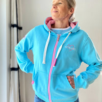 Herzlein Sweatjacke mit Kapuze und Reißverschluss aus Baumwolle Hoodie Kapuzenpullover für Damen Damenhoodie Strand Meer in Hellblau Blau Türkis