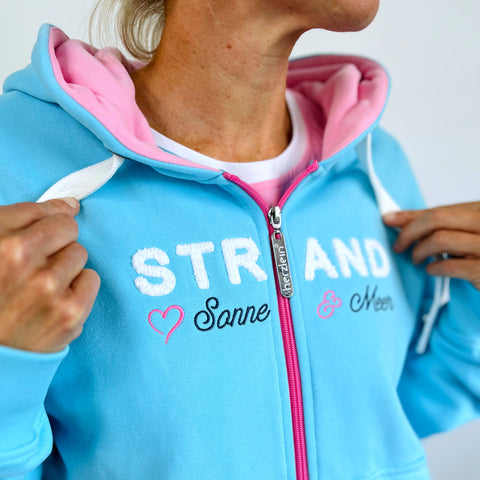 Herzlein® Sweatjacke "Strand - Sonne - Meer" in Himmelblau