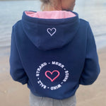 Herzlein® Hoodie für Damen Damenhoodie Kapuzenpullover aus Baumwolle in Navy Blau Dunkelblau mit Stick "Strandliebe"