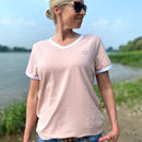 Herzlein® T-Shirt "Frida" Shirt für Damen aus Baumwolle Damenshirt mit Herzchen Stick gestreift in Weiss Creme Beige