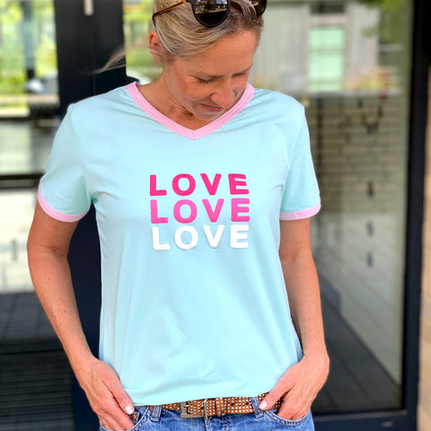 Herzlein® T-Shirt "LOVE" aus Baumwolle Shirt für Damen Damenshirt in Mint Grün mit Rosa