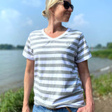 Herzlein® T-Shirt "Leni" Shirt für Damen aus Baumwolle Damenshirt mit Herzchen Stick gestreift in Weiss Hellgrau