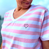 Herzlein® T-Shirt "Leni" Shirt für Damen aus Baumwolle Damenshirt mit Herzchen Stick gestreift in Weiss Rosa