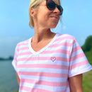 Herzlein® T-Shirt "Leni" Shirt für Damen aus Baumwolle Damenshirt mit Herzchen Stick gestreift in Weiss Rosa