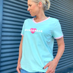 Herzlein® T-Shirt "Wunderbar" in Mint Grün mit Pink aus Baumwolle Shirt für Damen