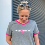 Herzlein® T-Shirt "Wunderbar" in Dunkelgrau Grau Weiß meliert mit Pink aus Baumwolle Shirt für Damen