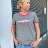 Herzlein® T-Shirt "Wunderbar" in Dunkelgrau Grau Weiß meliert mit Pink aus Baumwolle Shirt für Damen