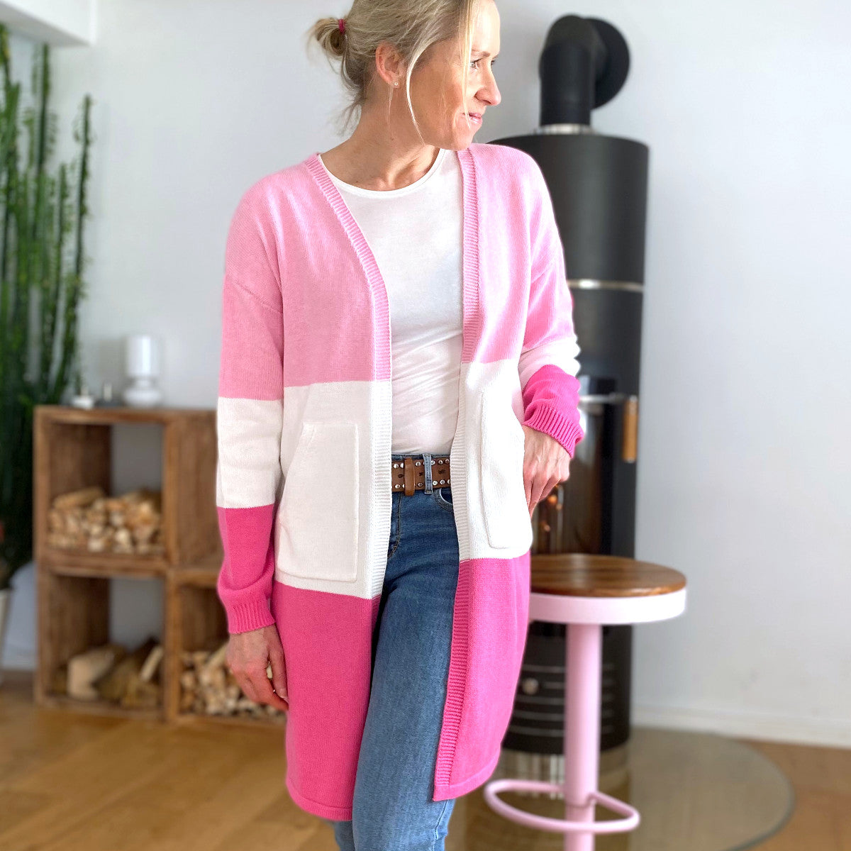 Herzlein® Strickjacke Grobstrick Cardigan für Damen aus Kaschmir und Baumwolle in Rosa Weiss und Pink