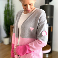 Herzlein® Strickjacke mit Herz Stick Grobstrick Cardigan für Damen aus Kaschmir und Baumwolle in Grau Rosa und Pink