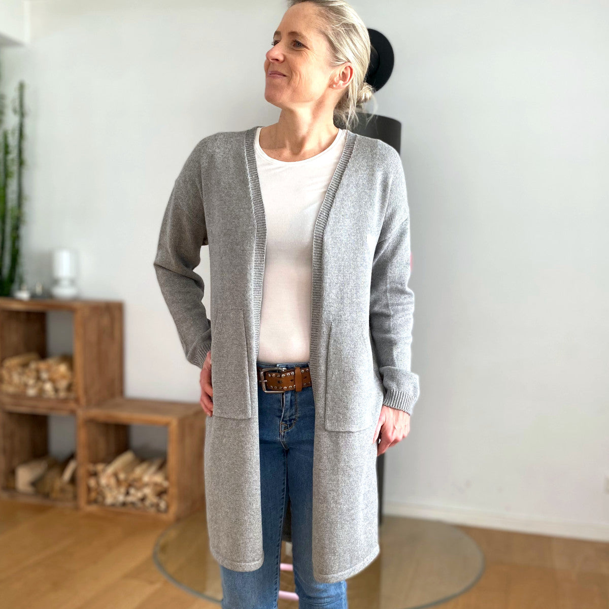 Cardigan Grobstrick Strickjacke Lang Grau Grobstrick Graue