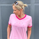 Herzlein® T-Shirt Damenshirt mit V-Ausschnitt aus Baumwolle mit Print "Amour" in Rosa