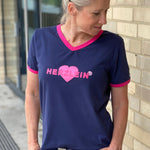 Herzlein® T-Shirt Damenshirt mit V-Ausschnitt aus Baumwolle mit Print "Heart" in Navy Blau