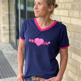 Herzlein® T-Shirt Damenshirt mit V-Ausschnitt aus Baumwolle mit Print "Heart" in Navy Blau