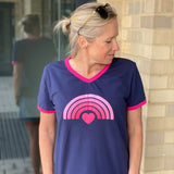 Herzlein® T-Shirt "Rainbow" mit Pink aus Baumwolle Shirt für Damen Damenshirt in Navy Blau