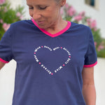 Herzlein® T-Shirt Damenshirt aus Baumwolle mit V-Ausschnitt mit Print "Sonne Meer Strand" in Navy Blau