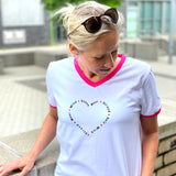 Herzlein® T-Shirt Damenshirt mit V-Ausschnitt aus Baumwolle in Weiß mit Print "Sonne Meer Strand"