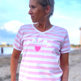 Herzlein® T-Shirt für Damen mit Flausch-Stick "LOVE" Damenshirt aus Baumwolle gestreift in Rosa und Weiß mit Streifen