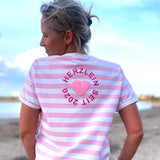 Herzlein® T-Shirt für Damen mit Flausch-Stick "LOVE" Damenshirt aus Baumwolle gestreift in Rosa und Weiß mit Streifen