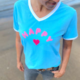 Herzlein® T-Shirt für Damen mit Flausch-Stick "HAPPY" Damenshirt aus Baumwolle in Hellblau Blau