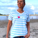 Herzlein® T-Shirt für Damen mit Flausch-Stick "LOVE" Damenshirt aus Baumwolle in hellblau und weiss gestreift mit Streifen
